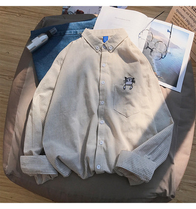 Ежедневна мъжка риза на райе с джобче и бродерия