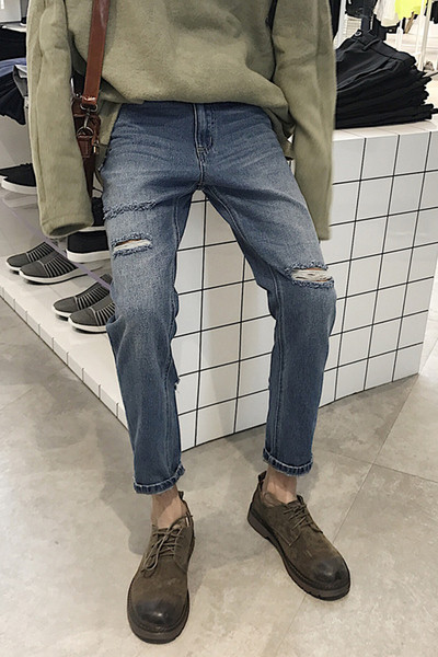 Мъжки дънки - накъсани в син цвят