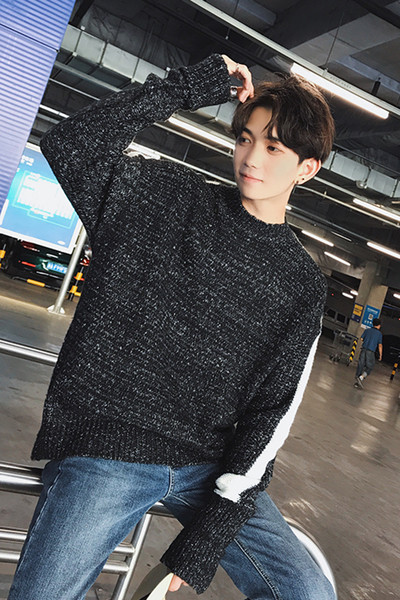 Топъл мъжки пуловер с О-образно деколте в два цвята