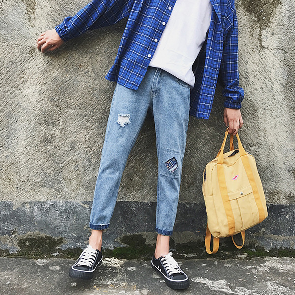 Мъжки дънки 7/8 с кръпки и накъсани