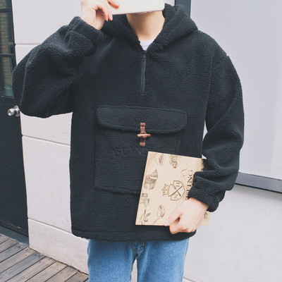 Плюшен мъжки суичър - широк модел с качулка и джоб