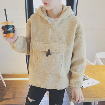 Плюшен мъжки суичър - широк модел с качулка и джоб