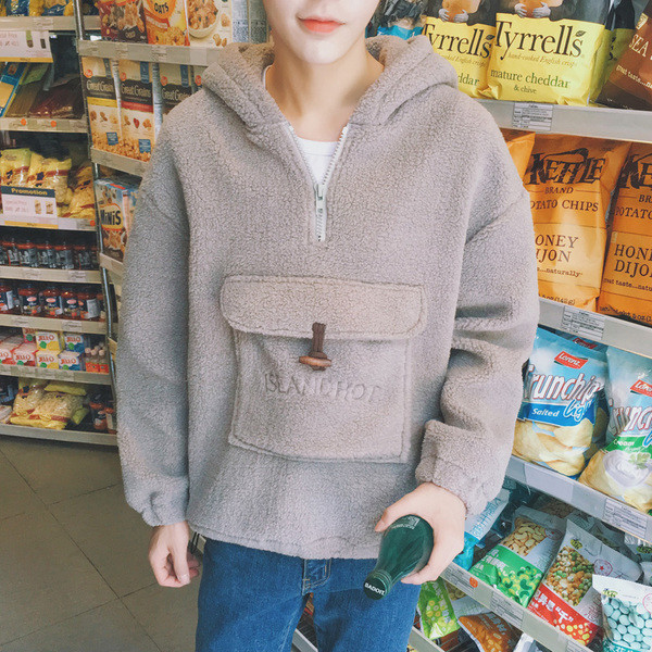 Плюшен мъжки суичър - широк модел с качулка и джоб