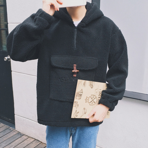 Плюшен мъжки суичър - широк модел с качулка и джоб