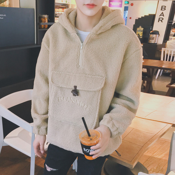 Плюшен мъжки суичър - широк модел с качулка и джоб