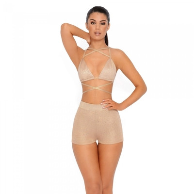 Стилен дамски сет от 2 части - суитен + къси панталони в лъскав цвят