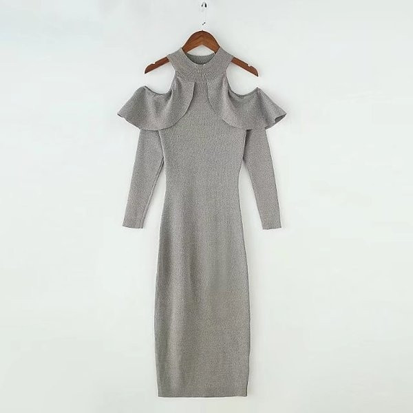 Елегантна дълга миди рокля за дамите с поло яка и голи рамене