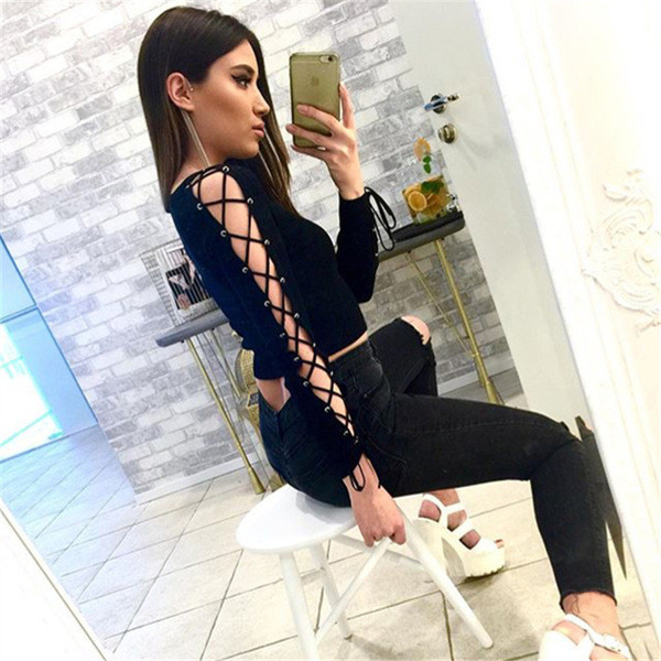 Стилна скъсена блуза за дамите с връзки по ръкавите