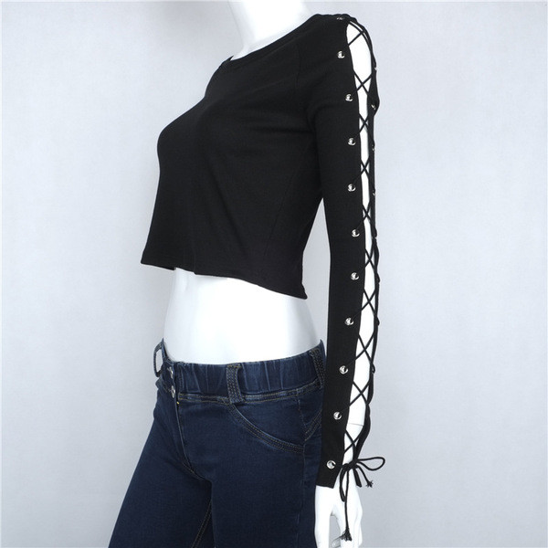 Стилна скъсена блуза за дамите с връзки по ръкавите