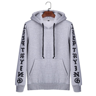 Актуален мъжки суичер с качулка, висящи връзки и надписи по ръкавите, 4 цвята