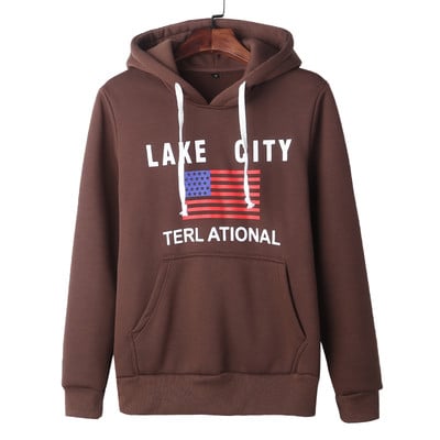 Плътен и удобен мъжки суичер тип анурак с качулка,надпис и шарен принт