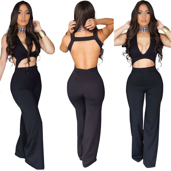 Елегантен дамски гащеризон с гол гръб и дълбоко деколте