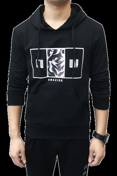 Ежедневен спортен мъжки анурак с качулка и принт в черен цвят