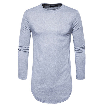 Модерна мъжка long блуза с дълъг ръкав,О-образна яка и ципове от двете страни