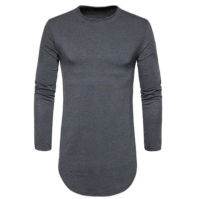 Модерна мъжка long блуза с дълъг ръкав,О-образна яка и ципове от двете страни
