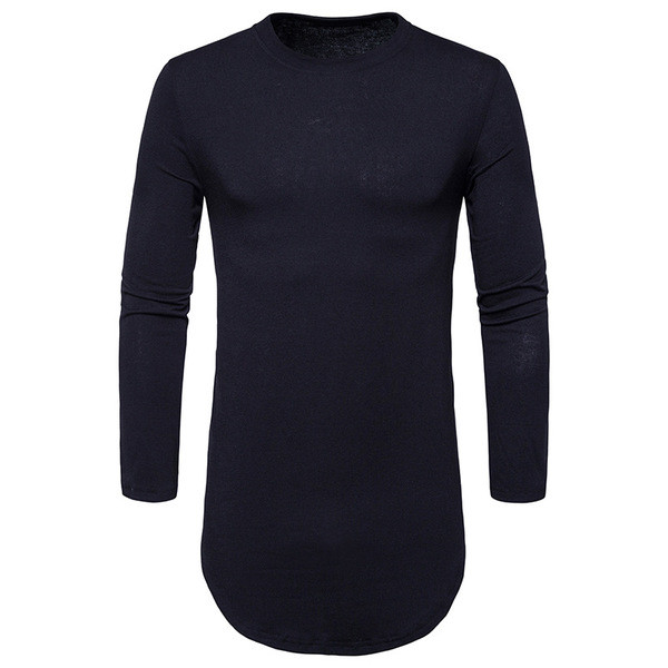 Модерна мъжка long блуза с дълъг ръкав,О-образна яка и ципове от двете страни