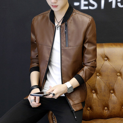 Μαλακό δερμάτινο ανδρικό μπουφάν από δέρμα με κολάρο μπέιζμπολ σε σχήμα O