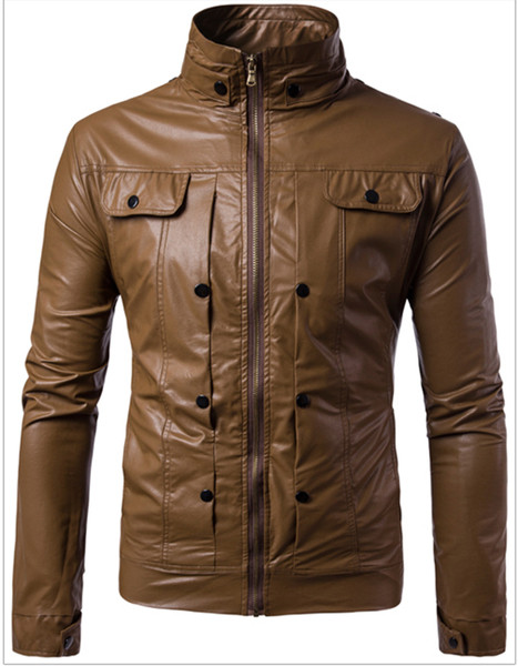 Ανδρικό μπουφάν από τεχνητό δέρμα με ημικυκλικό O-κολάρο