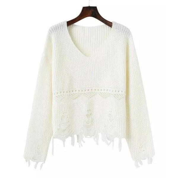 Нестандартен пуловер от вълна с V-образна яка и разръфани краища