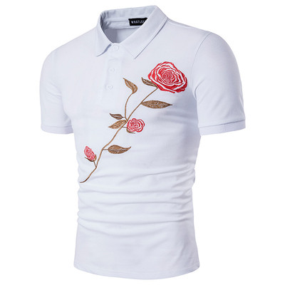 Мъжка риза с поло яка в спортно-елегантен стил + красива бродирана роза 