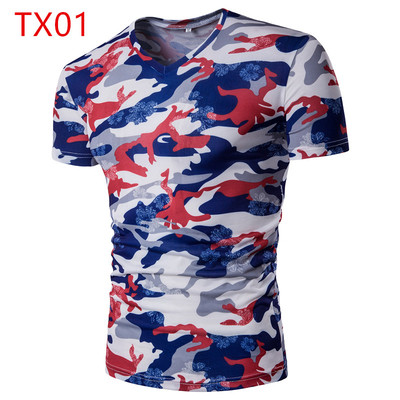 Ανδρική μπλούζα casual με κολάρο σε σχήμα V, κοντό μανίκι σε σχέδια καμουφλάζ