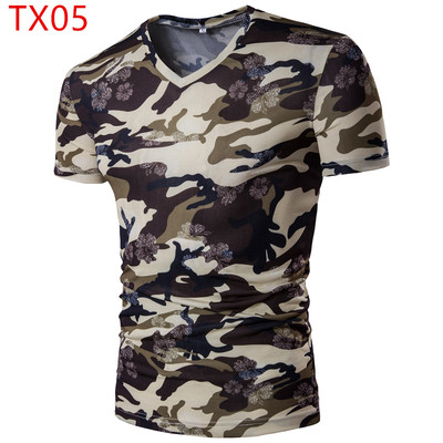 Ανδρική μπλούζα casual με κολάρο σε σχήμα V, κοντό μανίκι σε σχέδια καμουφλάζ