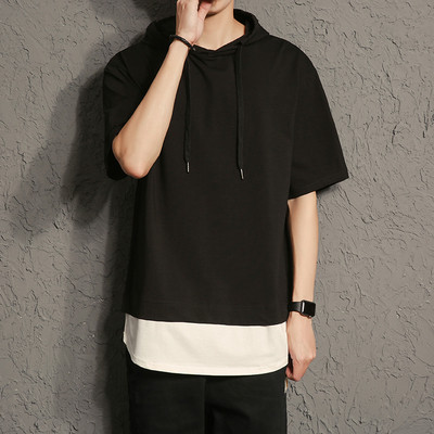 Стилна мъжка спортно-елегантна блуза с качулка и къс ръкав, тип анорак