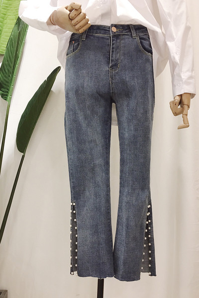 Модерни дамски дънки с мъниста и висока талия