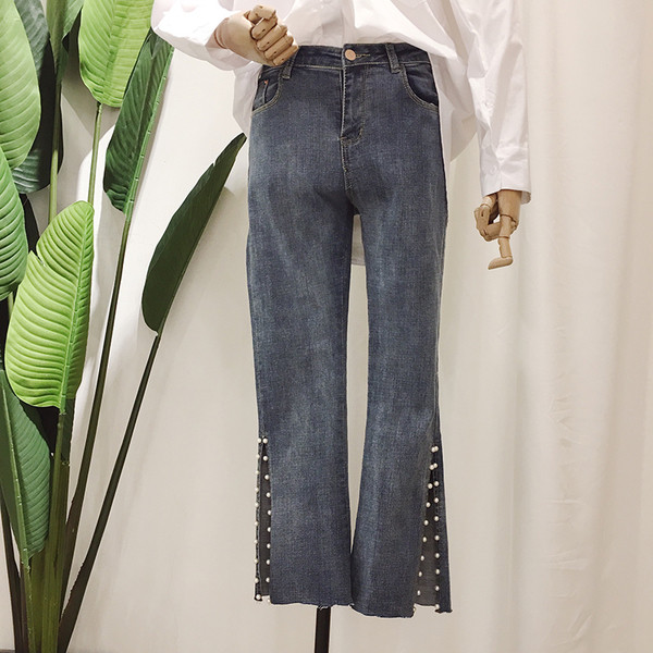 Модерни дамски дънки с мъниста и висока талия