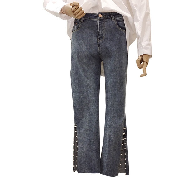 Модерни дамски дънки с мъниста и висока талия