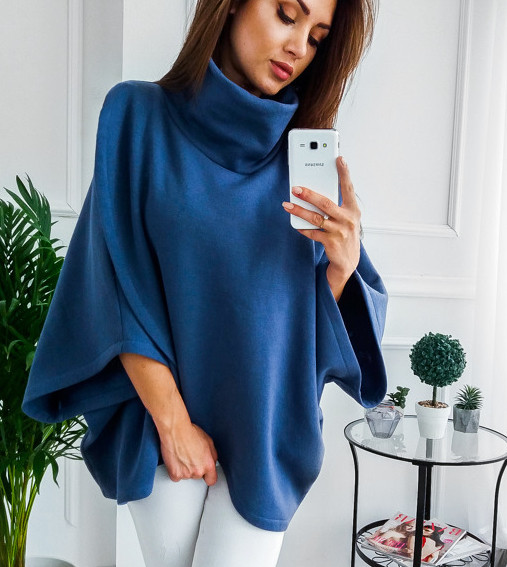 Нестандартна дамска блуза с широки хлабави ръкави и висока яка , тип пончо - 4 цвята