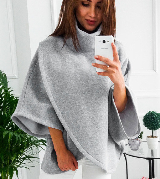 Нестандартна дамска блуза с широки хлабави ръкави и висока яка , тип пончо - 4 цвята