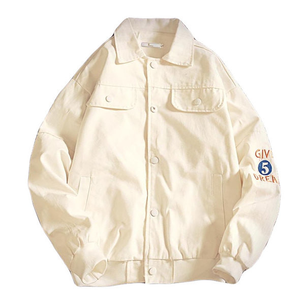 Ένα μπουφάν μπέιζμπολ κορυφαίας κατηγορίας με ένα κολάρο σε σχήμα O και μια πολύχρωμη εκτύπωση στην πλάτη