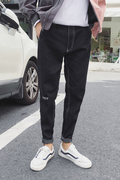 Ανδρικά τζιν σε τρία χρώματα με επιγραφή και υψηλή μέση