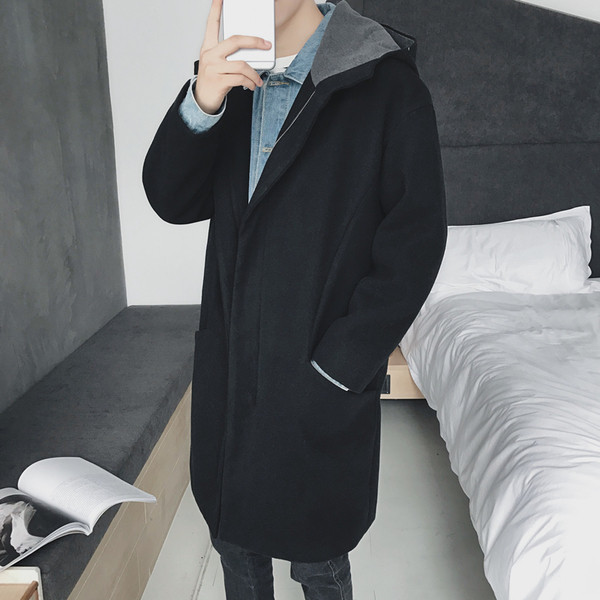Елегантно дълго мъжко палто с качулка