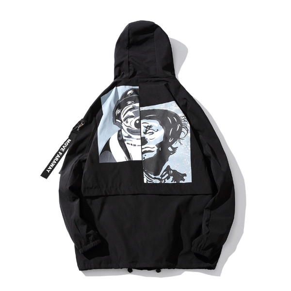 Αδιάβροχο μπουφάν ανδρών με ενδιαφέρουσα εκτύπωση πίσω και κουκούλα, μοντέλο hip-hop