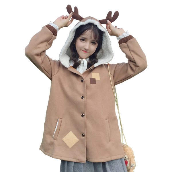 Κομψή κοντή μάλλινη παλτό για κυρίες με κουκούλα και κέρατα