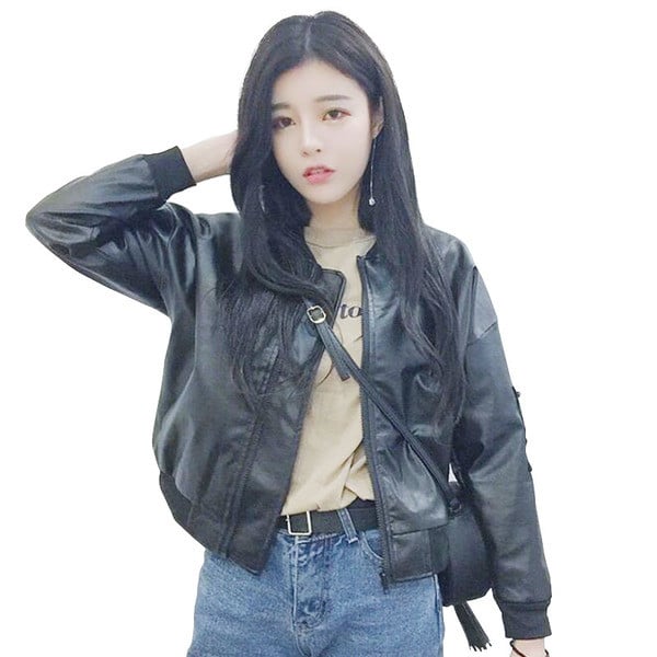 Σακάκι φθινοπώρου για γυναίκες από οικολογικό δέρμα σε μαύρο χρώμα