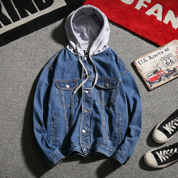 Μοντέρνο μπουφάν τζιν για άντρες με κουκούλα και κρέμονται σε ρετρό στυλ