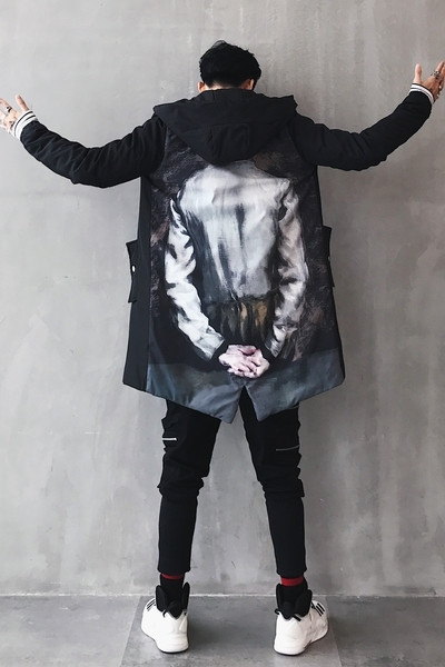 Μακρύ μπουφάν ανδρών με κουκούλα και εκτύπωση ισχίου στην πλάτη με στυλ HIP-HOP