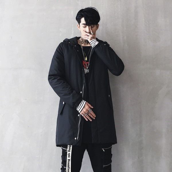 Μακρύ μπουφάν ανδρών με κουκούλα και εκτύπωση ισχίου στην πλάτη με στυλ HIP-HOP