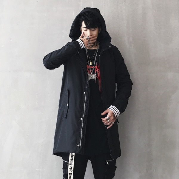 Μακρύ μπουφάν ανδρών με κουκούλα και εκτύπωση ισχίου στην πλάτη με στυλ HIP-HOP
