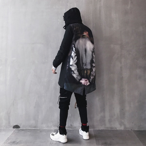 Μακρύ μπουφάν ανδρών με κουκούλα και εκτύπωση ισχίου στην πλάτη με στυλ HIP-HOP