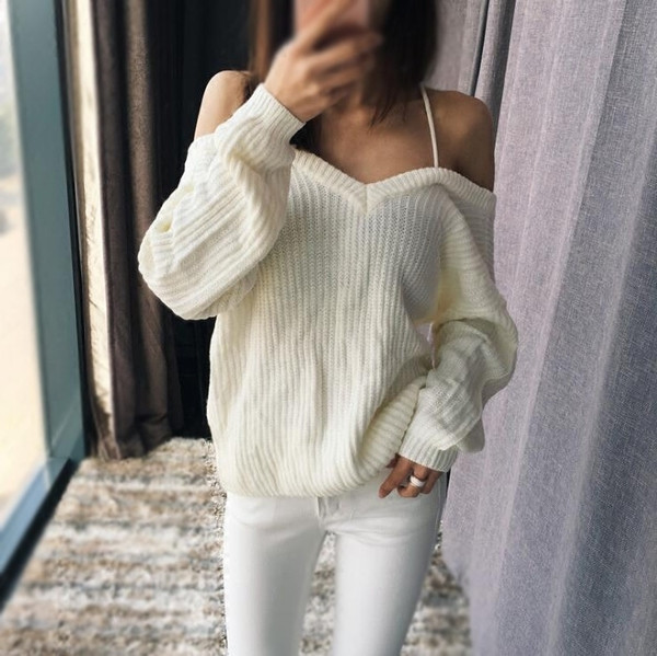 Γυναικεία καθημερινά μαλακά πουλόβερ με πτώση ώμου και διαγώνιο λαιμόκοψη, 2 μοντέλα