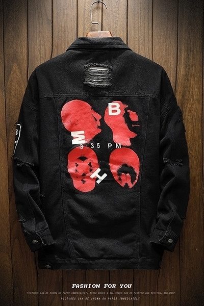 Εποχικό μπουφάν από denim με έγχρωμη εκτύπωση στο πίσω μέρος, μαύρο χρώμα