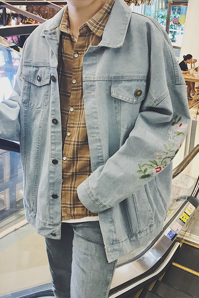 Καθημερινή σακάκι denim για άνδρες σε στυλ ρετρό με μοντέρνα floral κεντήματα, 2 χρώματα