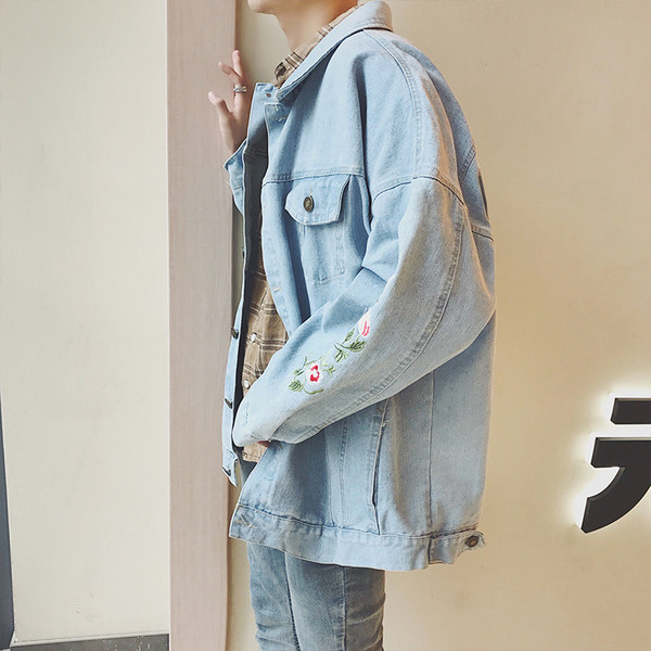 Καθημερινή σακάκι denim για άνδρες σε στυλ ρετρό με μοντέρνα floral κεντήματα, 2 χρώματα