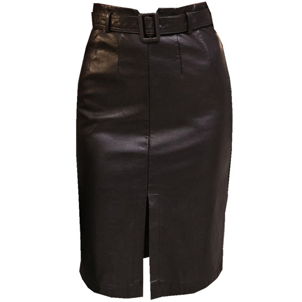 Красива дамска кожена пола с висока талия,цепка и регулиращо се коланче 