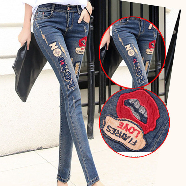 Περιστασιακά γυναικεία λεπτές τζιν με στοιχείο φιλί