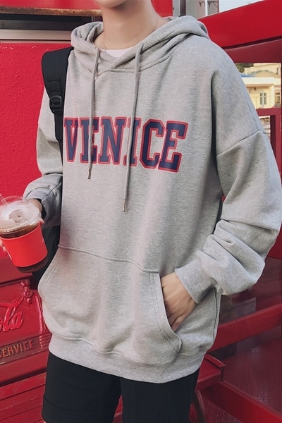 Καθημερινή αθλητική μπλούζα με κουκούλα, γραβάτες και τσέπη με μαύρο, λευκό και γκρι χρώμα